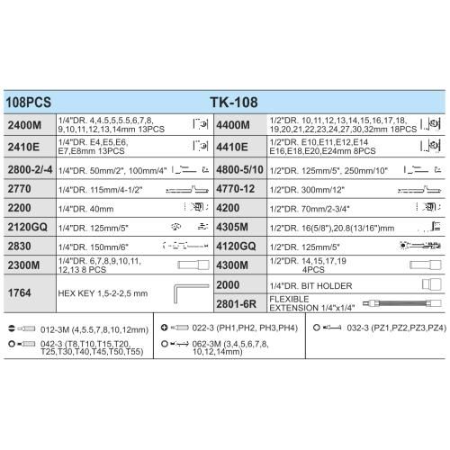 Набор торцов. головок профессиональный 1/4" DR4-14мм и 1/2" DR10-32 мм, 108 предм (TK-108) HANS (TK-108) 31995 фото