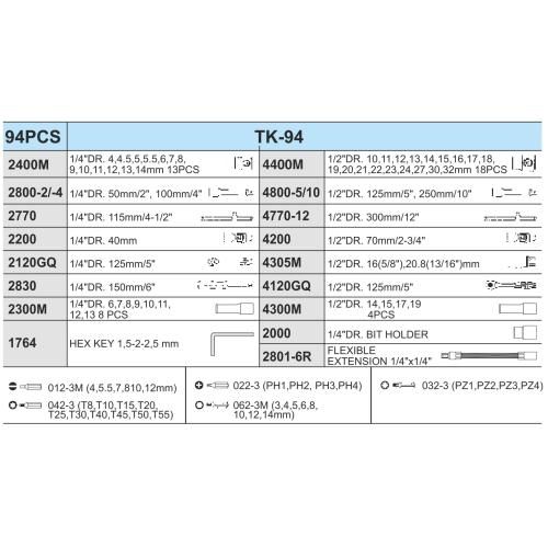 Набір торц. головок професійний 1/4"DR4-14мм та 1/2"DR10-32 мм,94 предм(TK-94) HANS (TK-94) 31996 фото