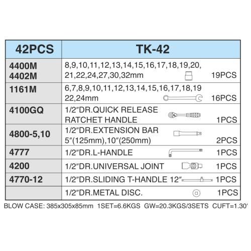 Набор торцевых головок 1/2" 8-32мм и комбинированных ключей 42 пр. (TK-42) HANS (TK-42) 53863 фото