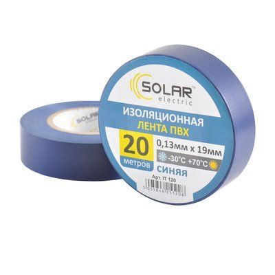 Скотч та ізолента Стрічка ізоляційна ПВХ SOLAR 0.13mm x 19mm, 20м, синя (10/200шт.) IT120 SOLAR IT120 фото