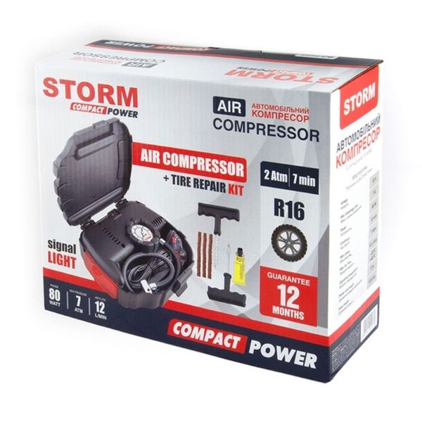 Компресор STORM Compact Power 12В, 7 Атм, 15 л/хв., 80 Вт, шл. 0,51м + набір д/ремонту шин 20700 фото