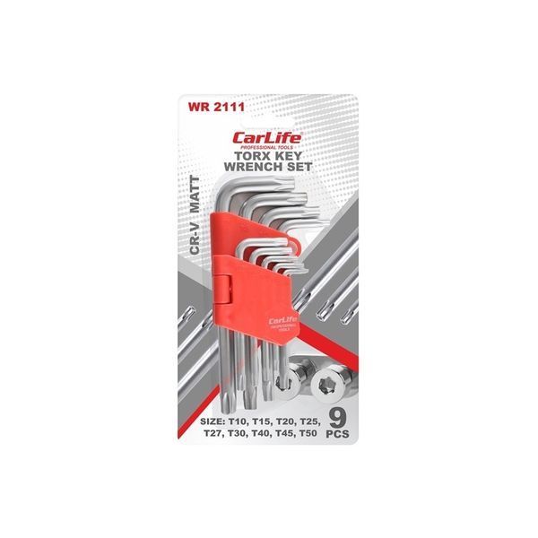 Набор ключей Torx 9шт. короткий T10 T15 T20 T25 T27 T30 T40 T45 T50 Г-образ торца с отворотом Carlife (WR2111)) WR2111 фото
