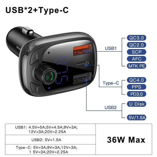 FM модулятор +АЗУ Baseus S-13 Bluetooth FM Launcher 2,4 A 2USB + Type-C (black) 24070 CCTM-B01 фото