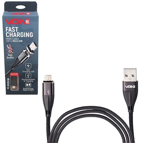 Кабель магнітний VOIN USB - Micro USB 3А, 1m, black (швидка зарядка / передача даних) (VC-6101M BK) 113733 фото