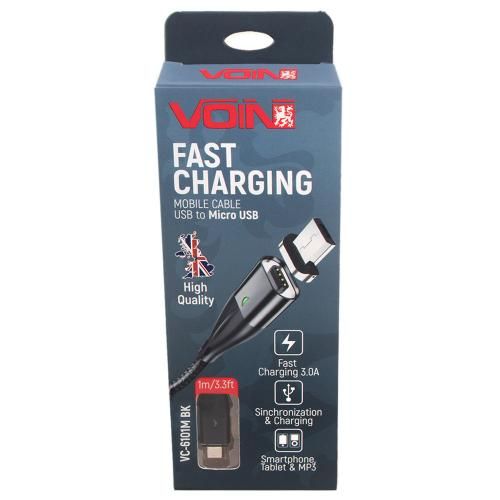 Кабель магнітний VOIN USB - Micro USB 3А, 1m, black (швидка зарядка / передача даних) (VC-6101M BK) 113733 фото