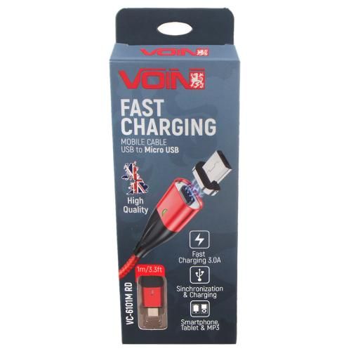 Кабель магнитный VOIN USB - Micro USB 3А, 1m, red (быстрая зарядка/передача данных) (VC-6101M RD) 113734 фото