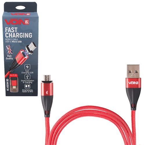 Кабель магнітний VOIN USB - Micro USB 3А, 1m, red (швидка зарядка / передача даних) (VC-6101M RD) 113734 фото