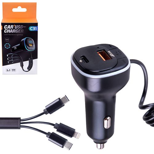 Модулятор FM 5в1 С31 12-24v USB 5V-3.1A Type C 5V-3.1A 3in1 charging cable BT5.0 RGB-ambient light (C31) 948855 фото