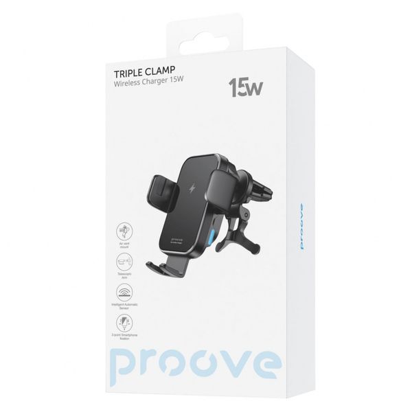 Тримач з б/п зарядкою Proove Triple Сlamp 15W (black)(Android,Apple 4.0”–6.9”) 47921 фото